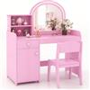 COSTWAY Toeletta Trucco 2 in 1 per Bambina, Specchiera per Ragazza in Legno con Mensole, Cassetto, Ripiani e Luci LED Regolabile, Postazione Trucco per 3 Anni, 80 x 40 x 94 cm (Rosa)