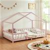 [en.casa] Letto a Casetta per Cameretta 140x200 cm Rosa/Bianco | Barriera di Protezione Anticaduta, Letto Francese per Bambini, Struttura in Legno di Pino, Stile Montessori