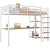 Azkoeesy Letto a Soppalco Singolo 90x200 cm in Metallo Resistente, con Scrivania e Mensole Multiple, Scala con Gradini Largi e Corrimano, per Adolescenti e Adulti, Colore Bianco