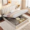 JOROBURO Letto matrimoniale idraulico 140 x 200 cm, letto imbottito con rete a doghe in metallo, struttura moderna con vano portaoggetti, letto imbottito in velluto con lampada da comodino LED, beige