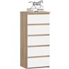 AKORD | Cassettiera a 5 Cassetti | Credenza Alta | Moderna Mobiletto per Soggiorno Sala da Pranzo Camera da Letto Corridoio Bagno | Armadio Cameretta | 35x40x92 cm | Rovere Sonoma | Bianco