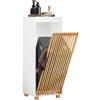 SoBuy Mobiletto da Bagno con Cesto per Biancheria - Mobile Compatto con Sacco per Lavanderia, Salvaspazio - Mobile per Bagno o WC - Arredo in MDF e Bambù, Bianco-Naturale, 32x85x33cm, BZR126-W