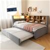 MSMOK Divano letto 90 x 200, grigio scuro, letto estraibile 90 x 190, dotato di luci LED, prese e molti scomparti, letto imbottito, divano letto multiuso, letto singolo, flanella