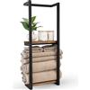 Zjyufy Portasciugamani da parete a 2 livelli, portasciugamani verticale da bagno con ripiano in legno, scaffale portaoggetti multifunzionale per bagno (nero)