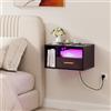 Ysgwsg Comodino Sospeso con LED, Comodino Pensile con Stazione di Ricarica e 1 Cassetto, Vetro, Moderno, Comodini Sospesi per Camera da Letto. (Nero-o, 46.5x30x25.5cm)