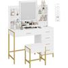 Hzuaneri Toeletta con Sgabello, Tavolo da Trucco con Specchio HD e Luci LED Regolabili, Presa di Corrente e USB, 5 Cassetti, Vano Portaoggetti Aperto, Moderno, Bianco-Oro, DT351HDT