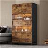 Worletty Armadio per buffet, da cucina, 80 x 40 x 138 cm, con illuminazione a LED, vetrina con 2 cassetti, vetrina con pannello in acrilico, libreria con molto spazio, nero + venature del legno