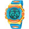 A ALPS Orologio digitale per bambini e ragazzi, sportivo, multifunzione, impermeabile, con luce a LED, sveglia e calendario, per bambini dai 6 ai 15 anni, Arancione-blu, Orologio analogico, cronografo,