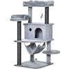 PawHut Albero Tiragraffi per Gatti con Palo, Casetta, 48x48x107 cm, Grigio | Letto, 4 Piattaforme, Amaca e 2 Giochi, Torre per Gatti in Truciolato, Peluche, Sisal e Feltro