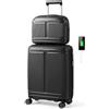 COSTWAY Valigia Bagaglio a Mano 20 con Beauty Case da Viaggio 14, Trolley Bagaglio a Mano con Lucchetto TSA, Porta USB, Ruote Girevoli e Manico Regolabile (Con Beauty + Nero)