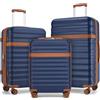 KONO Set Valigie da 3 Pezzi Valigia Bagaglio a Mano Trolley Valige ABS+PC Valigia 55cm + Valigia 65cm + Valigia 75cm con 4 Ruote e TSA Lucchetto, Marina Militare/Marrone