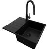 PRIMAGRAN Lavandino Angolare Tutto Nero 62x50cm, Lavello in Granito a 1 vasca + Rubinetto 40x20cm + Set di accessori, Lavabo da Cucina Incasso al Mobile 45cm - Copenhagen S208