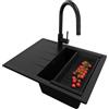 PRIMAGRAN Lavandino da Cucina Tutto Nero 62x50cm, Lavello in Granito a 1 vasca + Rubinetto 40x20cm + Set di accessori, Lavabo da Cucina Incasso al Mobile 40cm - Milano S061