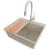 PRIMAGRAN Lavandino da Cucina Tutto Beige 58x50cm, Lavello in Granito a 1 vasca + Rubinetto 40x20cm + Set di accessori, Lavabo da Cucina Incasso al Mobile 60cm - Riga S364