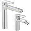 Inbagno Set miscelatori lavabo alto e bidet in ottone cromato lucido con piletta click clack, linea KREO