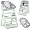 hauck Seggiolone Pappa Alpha Plus Newborn - Sediolone Pappa Bimbi con Sdraietta Neonati Dondolo e Cuscino - Seggiolone Evolutivo Legno - (Classic, Menta)