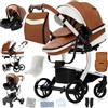 Magic ZC Pelle PU Passeggino Trio, Passeggino 3 in 1 con Spinta Reversibile a Due Vie, Trio Neonati con Accessori, Carrozzina per Neonati con Design Portatile Pieghevole Un Clic (B518 Khaki)