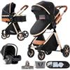 Nine point nine Trio Passeggino Neonati, Passeggino 3 in 1 con Doppia Modalità Spinta Reversibile, Carrozzina per Neonati con Grande Nacelle, Passeggino Trio con Telaio in Alluminio (V9 Black)