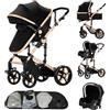 MoLi Passeggino Trio, Passeggino 3 in 1 con Doppia Modalità Push Reversibile, Trio Passeggino Neonati con Grande Navicella, Carrozzina per Neonati in Alluminio Pieghevole (588 Noir Gold)