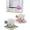 Mandorle by Paben set 2 tazze da tè tisana con fiori e 2 piattini forma funghetto in porcellana con scatola regalo bomboniera