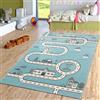 TT Home Moderno tappeto blu per la camera dei bambini con disegno di strada, casa e auto, per l'apprendimento, Dimensione:120 cm Rund