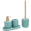 BM Set Accessori Bagno in Ceramica 4 Pezzi con Vassoio - Dispenser Sapone, Porta Spazzolini e Scopino WC, Design Moderno con Dettagli in Legno (VERDE ACQUA)