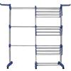 LANTUS Stendibiancheria pieghevole con ruote, grande capacità, ali pieghevoli su 3 livelli di asciugatura per uso interno/esterno (75-142,5 x 64 x 170 cm, blu+grigio)