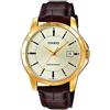Casio Orologio da polso da uomo al quarzo classico cinturino in pelle marrone cassa in ottone display analogico bianco - MTP-V004GL-9A