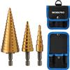 WORKPRO 3-Piece Step Drill Bit Set, 1/4 Hex Shank Quick Change High Speed Steel Titanium Coated Drill Bits for Plastic, Sheet Metal, Aluminum Hole Drilling, Well-Organized Bag Included,Metric