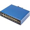 DIGITUS Switch di Rete - 18 Porte Gigabit Ethernet - 16x RJ45 + 2X SFP - IP40 - L2 gestito - 10/100/1000 Mbit/s - Montaggio su Guida DIN - Serie Industriale - Nero/Blu
