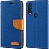Shantime Custodia Flip in Tessuto Oxford e Pelle PU Compatibile con Motorola Moto One Action, Cover Protettiva con Chiusura Magnetica e Tasche per Carte (Blu)
