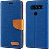 Shantime Custodia Flip in Tessuto Oxford e Pelle PU Compatibile con LG V40 ThinQ, Cover Protettiva con Chiusura Magnetica e Tasche per Carte (Blu)