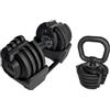 JK Fitness【Manubrio/Kettlebell Selezionabile 2in1 1-18 kg + Base】Dumbbell Regolabile Rapido, 1,5-18 kg (manubrio) e 1-10 kg (kettlebell), Antiscivolo, Salvaspazio per Home Gym e Functional