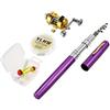 Lixada Mini set combo tascabile telescopico portatile con mulinello da pesca con lenza, esche, ganci, scatola morbida Viola