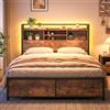 COSTWAY Letto Matrimoniale 140x200 cm con Luci LED e Stazione di Ricarica | Struttura Letto a Piattaforma in Metallo con Testiera Contenitore, Pediera, Silenzioso, Carico Massimo 300kg