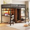 Azkoeesy Letto a soppalco matrimoniale Metallo con scrivania e armadio, 140x200 cm, asta appendiabiti, cassetto, scala contenitore, libreria integrata, prese di corrente, per Cameretta e adulti, Nero
