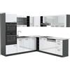 Vicco Cucina angolare completa R-Line, Bianco lucido, 247 x 60 cm, PL Marmo, per una pianificazione cucina flessibile e un'estensione modulare