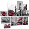 Giallobus - Set 10 Quadri Multi Pannello - London in Red - Legno MDF - | 2 x 42x29,7cm | 4 x 29,7x21cm | 4 x 21x14,85cm | - Pronti da Appendere - Quadri Moderni per la casa