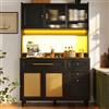 Huayz Mobile da cucina con piano di lavoro, armadietto alto buffet, credenza con illuminazione a LED, con 3 cassetti, ripiani regolabili, rattan sintetico, ante in vetro, nero, 120 x 45 x 195,5 cm