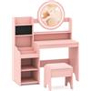 COSTWAY Toeletta Trucco per Bambina con Sgabello, Set Tavolo Trucco in Legno con Specchio Luci LED, Scaffale Aperta, Spazi per Annelli e Sgabello Imbottito, Mobile da Principessa per 3+ Anni (Rosa)