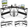 GYMAX Scrivania per Computer a L con Stazione di Ricarica, Tavolo Trasformabile Angolare con Supporto per Monitor, per 2 Persone, Postazione di Lavoro con Telaio in Metallo (Nero)