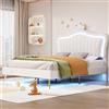 KUAKE Lettino imbottito per bambini, 140 x 200 cm, struttura per letto da bambina, con corona bianca, struttura matrimoniale in pelle PU, con luci a LED, rete a doghe e schienale, materasso non incluso