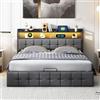 BLSYHDH Letto idraulico 140x200 con luce LED e USB, letto contenitore imbottito con rete a doghe e testiera (grigio+lino, 140x200)
