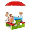 KOMFOTTEU Set di Sedie per Bambini con Ombrellone, Mobili per Bambini con 1 Tavolo e 2 Panche, Set di Sedute per Bambini in PP, Set da Picnic per Parco Giardino Campeggio, Blu+Rosso+Verde
