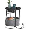 VASAGLE Tavolino, Tavolino Rotondo con Cestino in Tessuto e Multipresa, Spazioso, per Soggiorno Camera da Letto, Comodino, Stile Moderno, Nero Ebano e Grigio Ardesia LET228B02