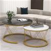 SUKY Moderno tavolino da caffè Nesting 70 x 70 x 45 cm + 45 x 45 x 40 cm, set di tavolino in marmo impiallacciato divano lato nido di tavoli rotondi, set di 2, cornice color oro (bianco + grigio)