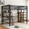 Azkoeesy Letto a soppalco matrimoniale 140x200 cm per adulti, Nero | Metallo Robusta, con scrivania, Scala a Gradini di Sicurezza e salvaspazio, Armadio, Mensole Integrate,
