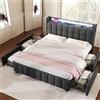 Oslghy Letto Imbottito 180x200 cm, Letto Matrimoniale con LED Striscia e USB Porta, Letti Idraulico con Contenitore 4 Cassetti Rulli e Pulsanti Testiera, Loghe in Legno, Lino, Grigio, Senza Materasso