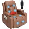 HOMCOM Poltrona Massaggiante Reclinabile Manuale, Poltrona Relax Girevole, Lombare Riscaldante con Dondolo, Portabicchieri, Telecomando, Poggiapiedi, Tasche Laterali, in Pelle PU, Marrone Chiaro