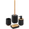 Inbagno Set Bagno Accessori Completo - 4 Pezzi, Kit Accessori appoggio in ABS e bambù, Include Dispenser, portaspazzolini, portasapone e scopino WC, Linea Wave (Set Completo)